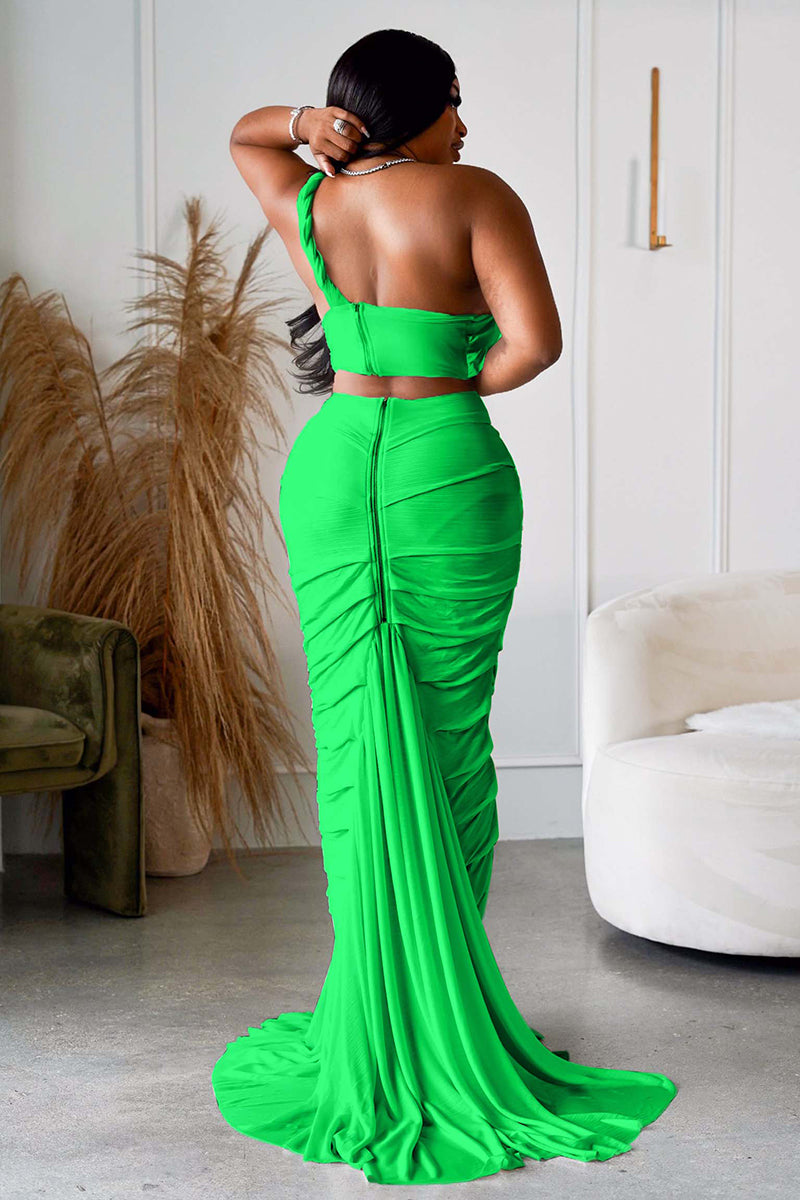 AOVICA-SUMMER VACATION DRESS One Shoulder Crop Top Twisted Cutout Ruched Ruffle Hem Maxi Skirt White Slim Matching Sets