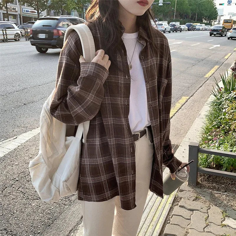 Aovica-Fall Outfits ins style blouse new Vintage cotton plaid Shirt female Oversize Tops Women Long sleeve Girls Blouse New Autumn Women Blouses femme Blusas