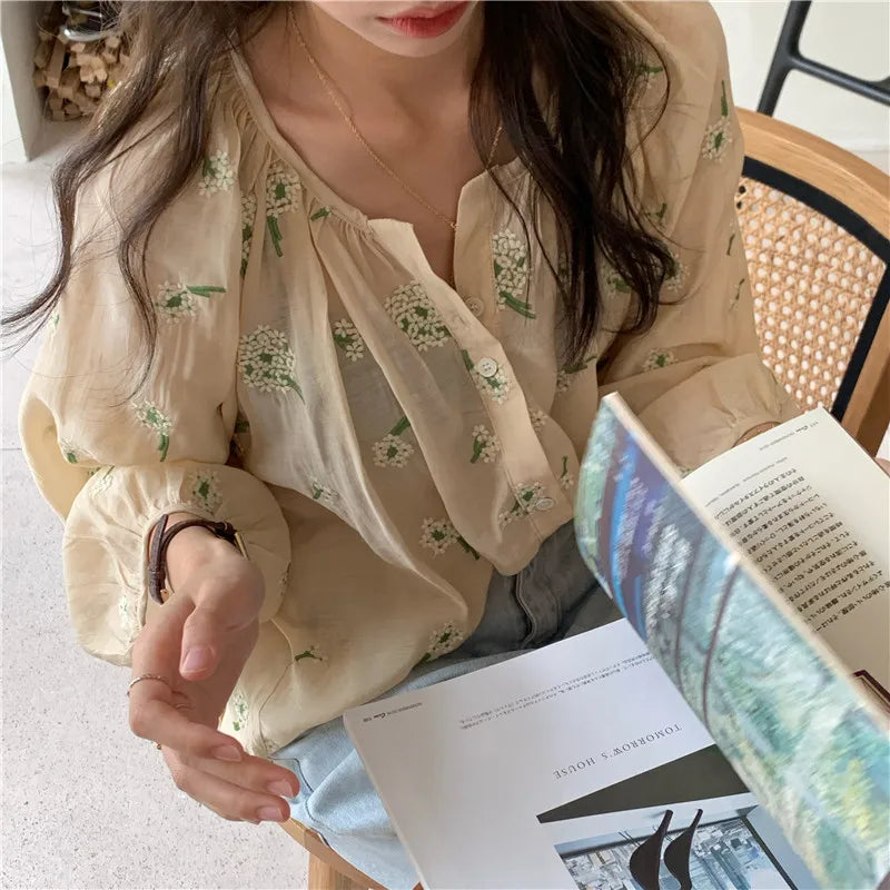 Aovica-Fall Outfits ins style blouse New Spring Vintage Print Shirt Female Oversize Tops Women Long Sleeve Girls Blouse Summer New Women Blouses Femme Blusas