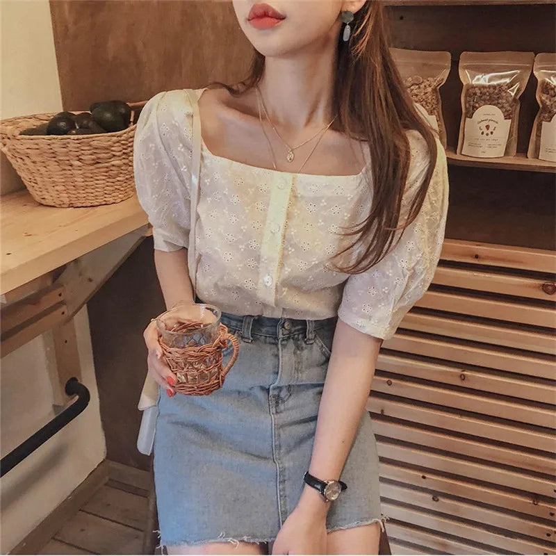 Aovica-Fall Outfits ins style blouse New square Embroidery lace shirt Summer Tops femme Casual Women short sleeve Linen Cotton Girls Blouse New Women Blouses