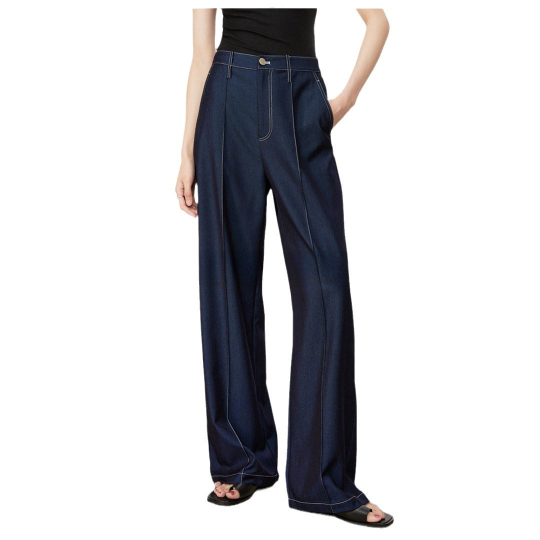 2024 fall fashion trends Retro Hong Kong Style Dark Blue Imitation Jeans Slim Straight Draping Casual Pants Suit Pants Women's Dark Wide Leg Pants