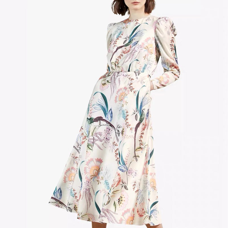 church outfit Autumn New British Elegant Printed Elegant Intellectual Temperament Goddess over the Knee Slimming Dress