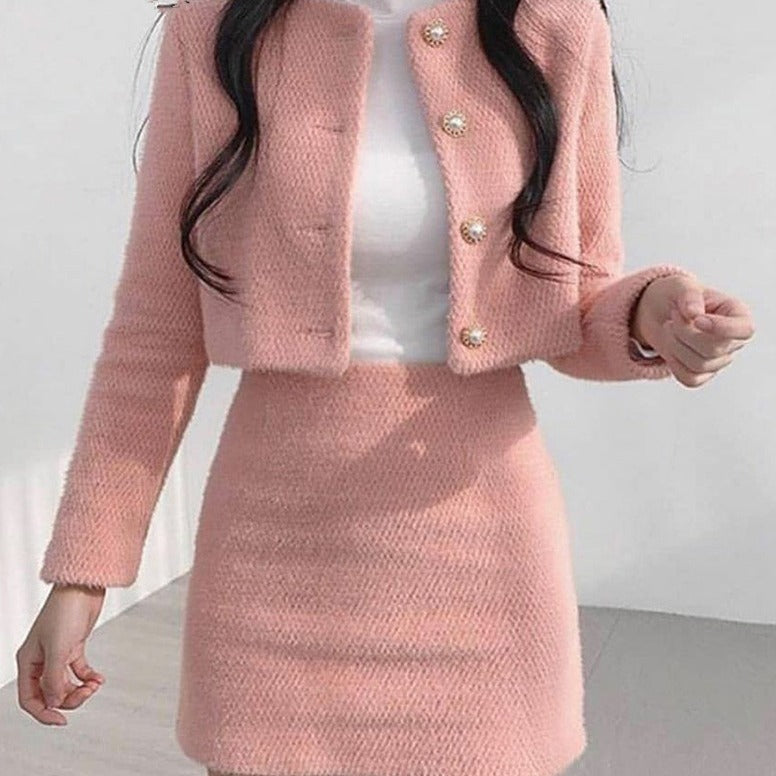 k drama dress to impress New Sweet Gentle Furry Short Temperament Two-Piece Long Sleeve Jacket