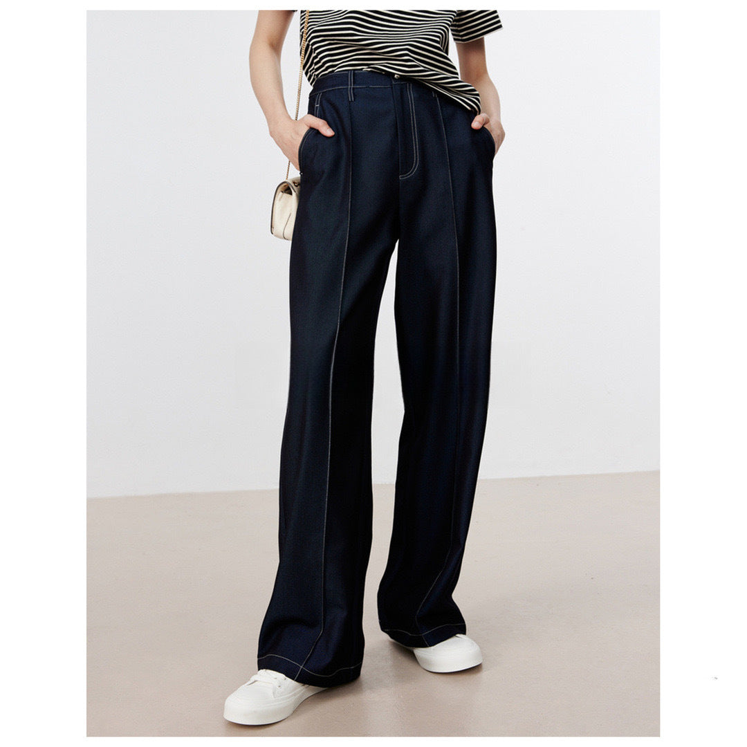 2024 fall fashion trends Retro Hong Kong Style Dark Blue Imitation Jeans Slim Straight Draping Casual Pants Suit Pants Women's Dark Wide Leg Pants