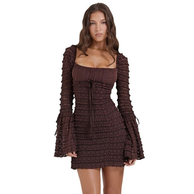 2024 fall fashion trends Autumn New Hot Sexy Lace Slim Solid Color Square Collar Long Sleeve Dress