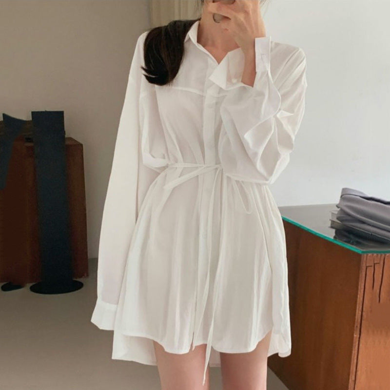 2024 fall fashion trends Long Sleeve Polo Collar Lace-up Loose Shirt Dress Spring and Autumn New Women's Clothing Salt Korean Style Stacked Short Skirt