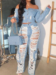 Sexy Womens Outfit High Waist Pocket Design Ripped Jeans Pants 2023 Autumn Summer Spring New Fashion Casual