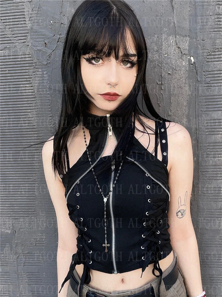 Aovica Harajuku Dark Goth Vest Women Cyber Punk Streetwear Bandage Hollow Out Corset Crop Tank Tops Emo Alternative Rave Outfit