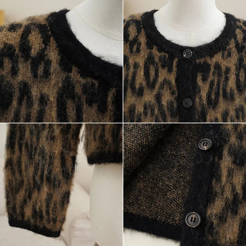 Aovica Fashion Lepard Knitted Sweater Cardigan For Women Loose Casual Long Sleeve Retro Single Breatted Sweater Autumn Outwear