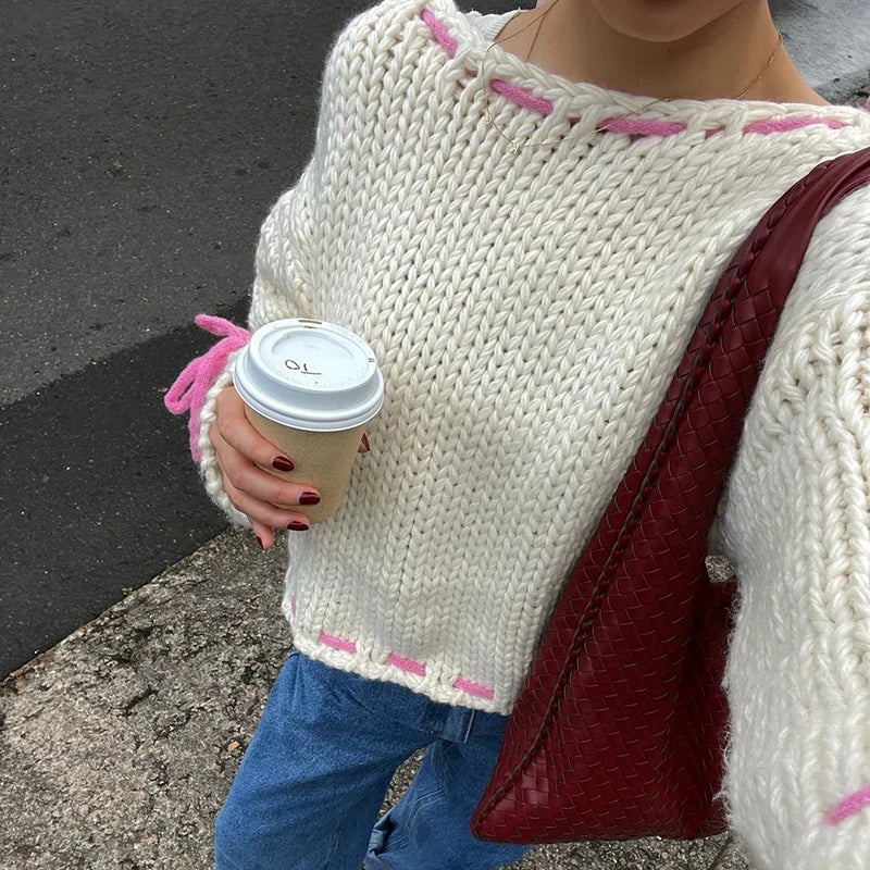 Aovica Long Sleeve Loose Knitted Sweater For Women Contrast Color Drawstring Hollow Out Pullover Sweater Top Y2K Autumn New