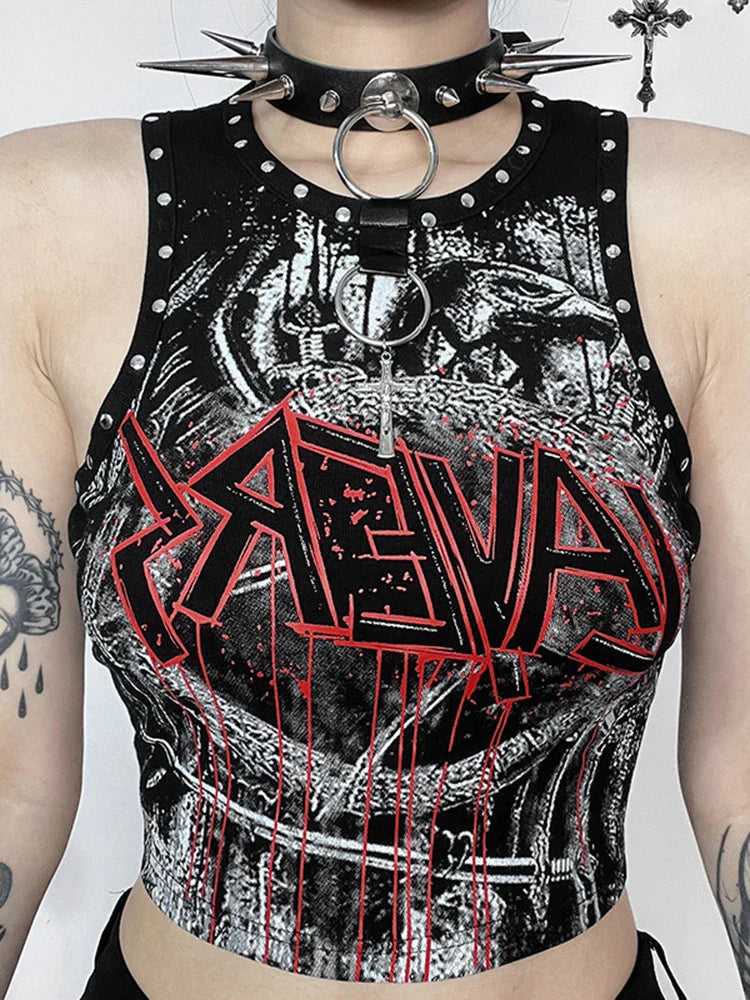 Aovica Cyber Punk Y2k Gothic Vest Women Streetwear Harajuku Hip Hop Grunge Printed Rivets Crop Tank Tops Emo Alt Hipster Outfit