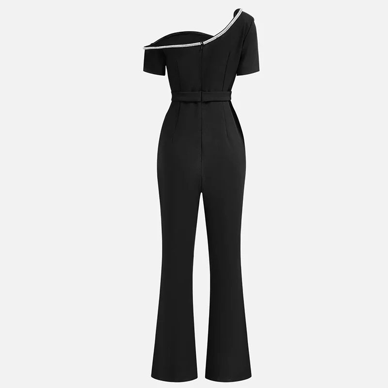 2024 New Women Fashion Short Sleeved Party Romper Elegant Summer Flare Pants Playsuit Sexy Asymmetrical Slim High Waist Jumpsuit