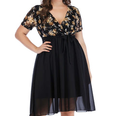 AOVICA-Plus Size Loose Floral Print Dress V Neck Short Sleeve High Waist Lace Up Perspective Mesh Splicing Elegant Vestido Feminino