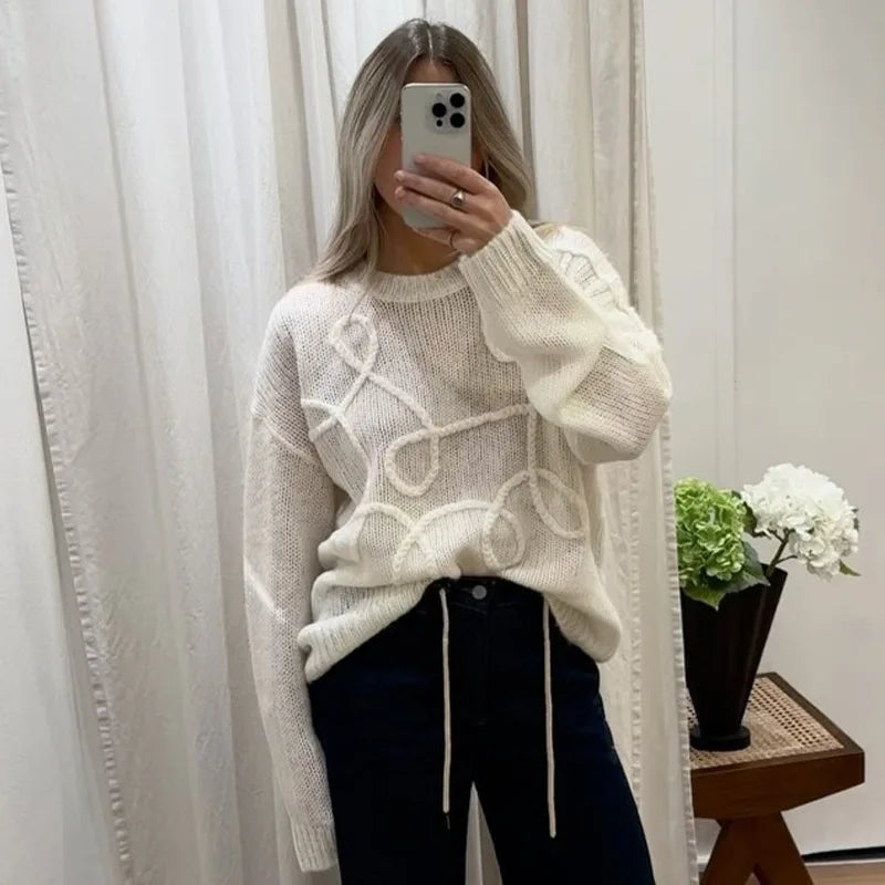 Aovica Fashion Casual Pullovers For Women Solid Color Round Neck Long Sleeve Knitted Sweater Loose Female 2024 Autunn Winter New