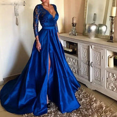 Aovica-Autumn Deep V Neck Ladies Elegant Floor Length Fashion Dresses Sexy Women Long Sleeve Lady Party Gown Evening Dress Vestidos