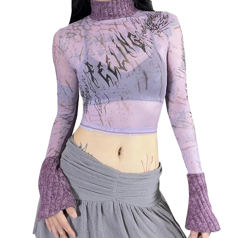 Aovica-Halloween Outfits Halloween Gifts Gothic Style Mesh Printed Top Women Y2K Sheer Mesh Crop Top Tie-Dye Printed Long Sleeve T-Shirts Gauze Chic Slim Tops Vintage Womens Clothing