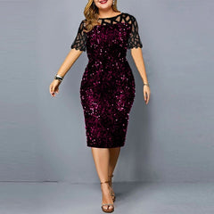 AOVICA-plus size Sequined women clothing 2024 fashion splicing midi dress crew neck short sleeve High waist Skinny Elegant dresses