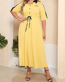 AOVICA Plus Size Half Button Letter Contrast Shirt Dresses Women Summer Drawstring Waist A-line Female Casual Long Dress