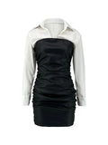 AOVICA Faux Leather Ruched Colorblock Bodycon Dress Turndown Collar Shirt Mini Dress Long Sleeve Deep V Neck Button Vestidos