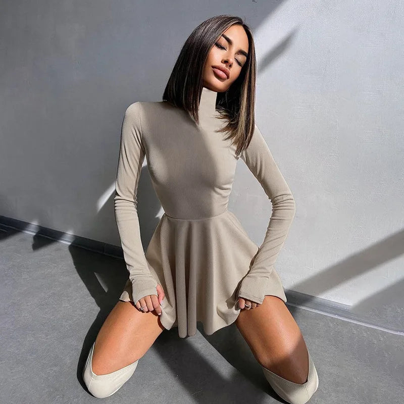 Aovica Solid Slim Mini Dress Women's Elegant Outfits Slinky Waist Long Sleeve A-Line Vestido Turtleneck Dresses Clothes Fashion