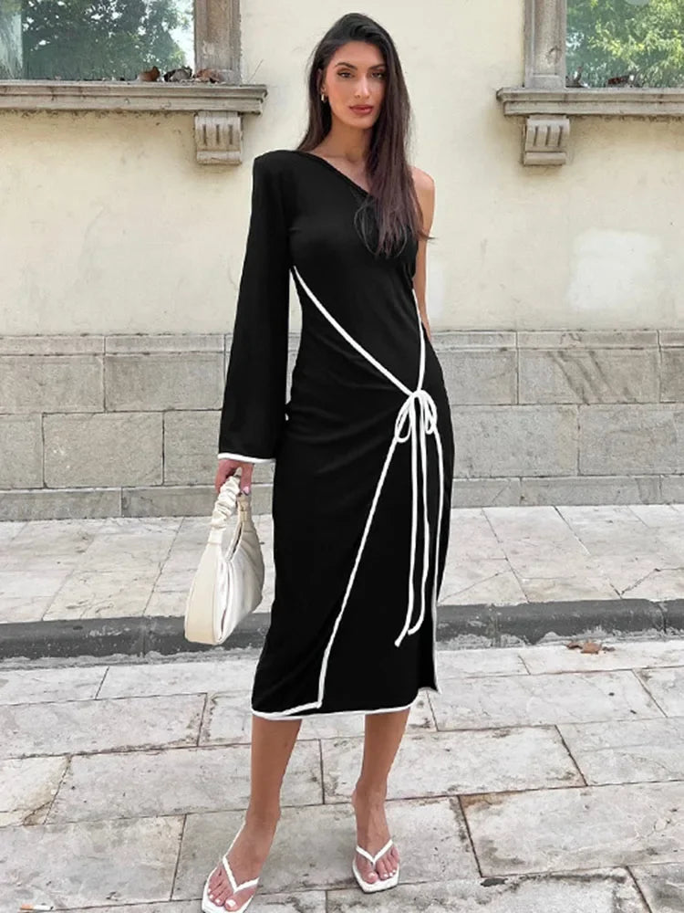 Aovica One-shoulder Contrast Lace Up Long Dress Women's Fashion Long Sleeve Bodycon Outfits Irrgular Splice Holiday Party Dress