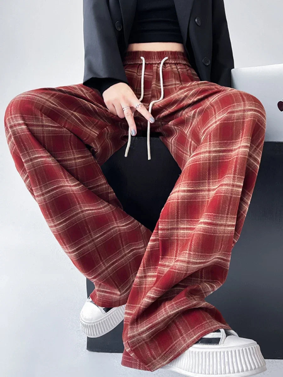 Aovica  Autumn New Retro Plaid Pants American Loose Casual Wide Leg Trousers Women's Lazy Slimming  Floor Checkered  Pants