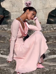 Aovica Sexy Backless Bow Long Sleeve Slim Dress For Women Stack Neck Elegant Draped Maxi Party Dresses Female Autumn New 2024