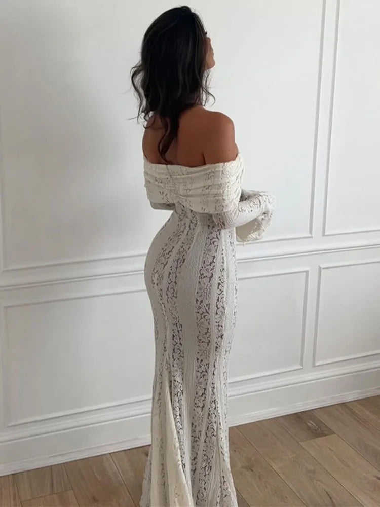 Aovica Lace Hollow Slim Mini Dress For Women One Shoulder Sexy Long Sleeves Club Party Dresses Bodycon Bandage Elegant Autumn