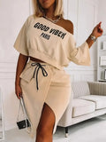 AOVICA Plus Size Two Pieces Dresses Suits Leter Print One Shoulder Letter Print Half Sleeve Top&High Split Pocket Midi Skirt Set