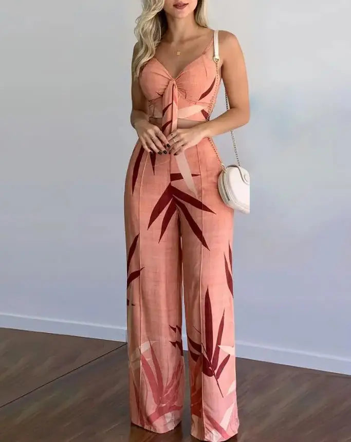 Summer New Women's Suit Sexy Sleeveless Backless Womens Outfits Leaf Print Crop Top & Wide Leg Pants Set Long Pants 2 Piece Sets