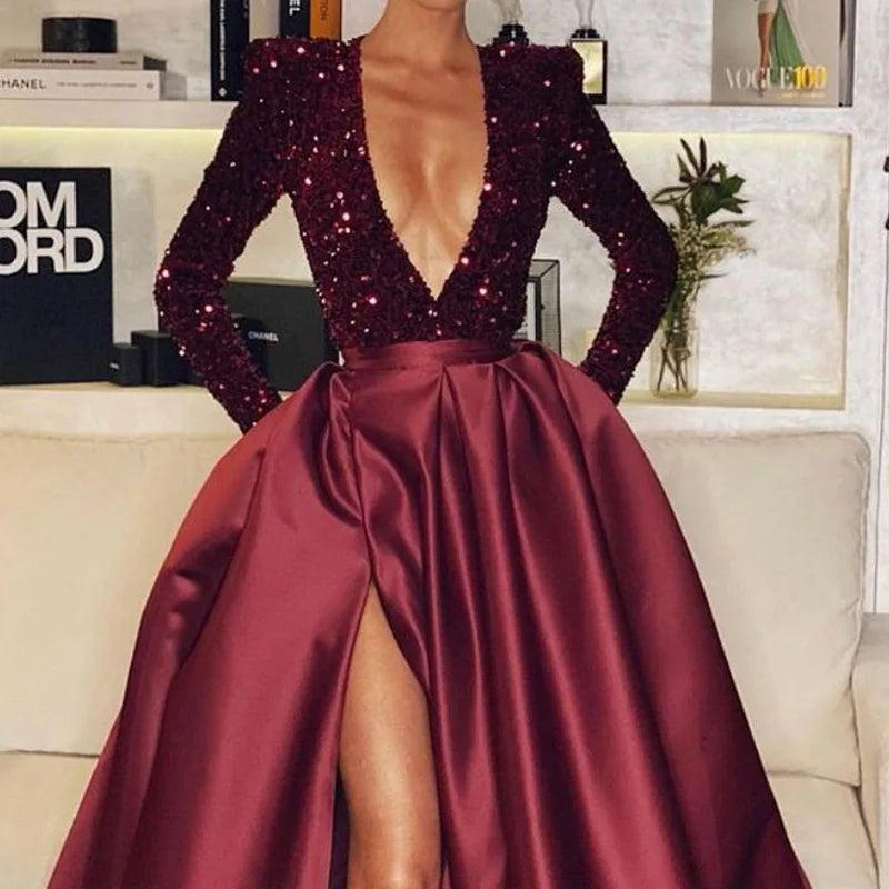 Aovica-Woman Sexy Deep V-Neck Party Dress Evening Ball Gown Dresses Sequins Long Sleeves Split Prom Dress