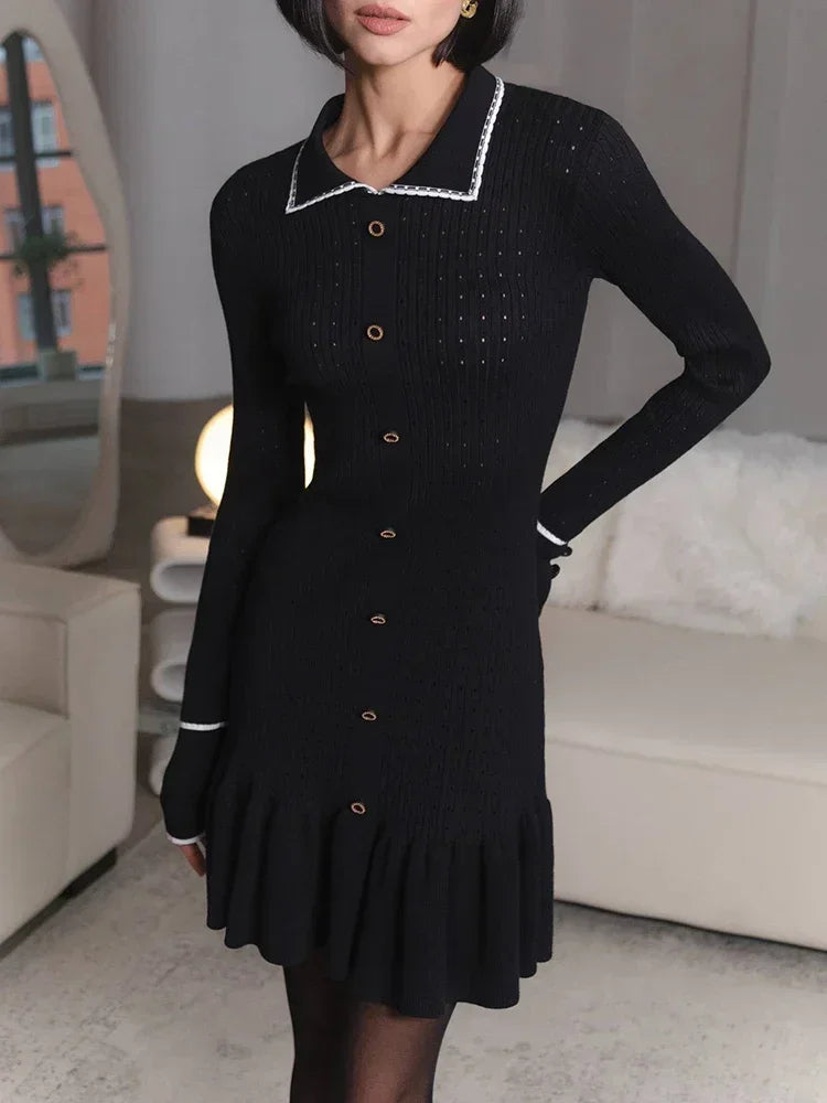 Aovica Ruffled Knitted Mini Dress For Women Hollow Lapel Button Long Sleeve Slim Fit Dresses Autumn Contrast Color Retro Elegant