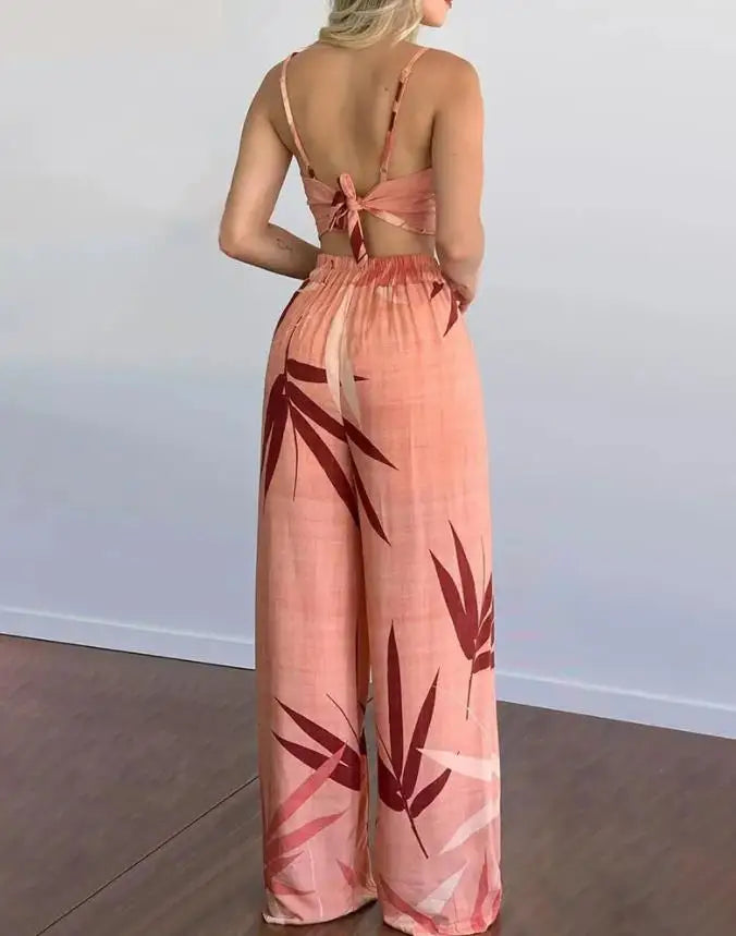 Summer New Women's Suit Sexy Sleeveless Backless Womens Outfits Leaf Print Crop Top & Wide Leg Pants Set Long Pants 2 Piece Sets