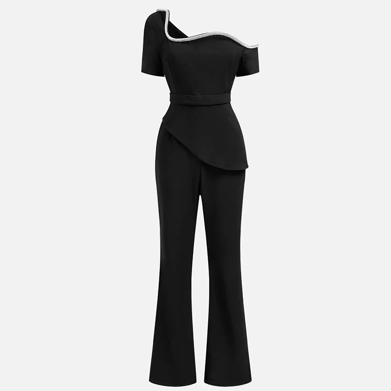 2024 New Women Fashion Short Sleeved Party Romper Elegant Summer Flare Pants Playsuit Sexy Asymmetrical Slim High Waist Jumpsuit