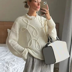 Aovica Fashion Casual Pullovers For Women Solid Color Round Neck Long Sleeve Knitted Sweater Loose Female 2024 Autunn Winter New