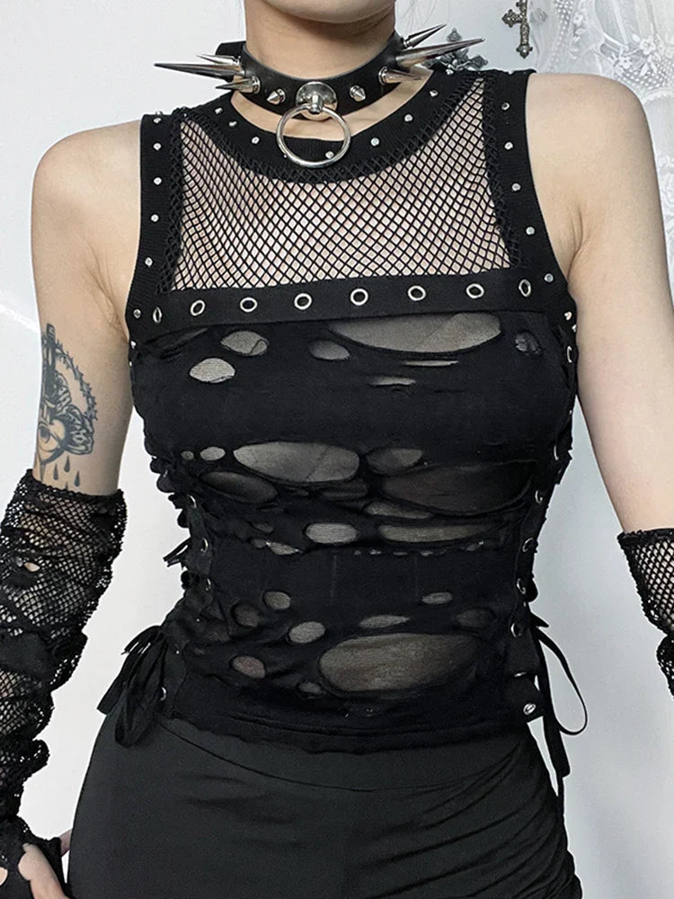 Aovica Mall Gothic Vest Women Sexy Hole See Through Lace-up Crop Tank Tops Streetwear Cyber Punk New Fashion Rave Outfits Femme