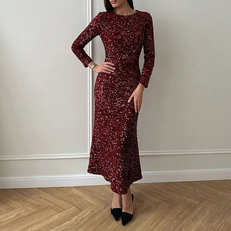 2024 Fashion Party Slim Sequin Maxi Dress Women O-neck High Waisted Velvet Dress New Spring Elegant Long Sleeved Evening Dresses