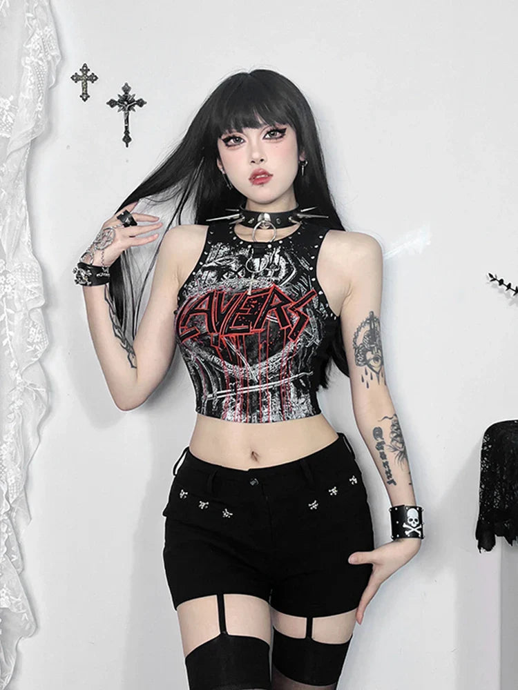 Aovica Cyber Punk Y2k Gothic Vest Women Streetwear Harajuku Hip Hop Grunge Printed Rivets Crop Tank Tops Emo Alt Hipster Outfit