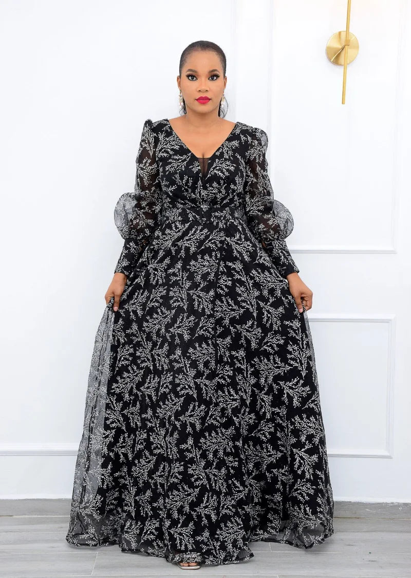 AOVICA-Elegant A Line Dress African Clothes For Women Dashiki African Dress O Neck Lanter Sleeve Party Dresses Retro Plus Size 5XL