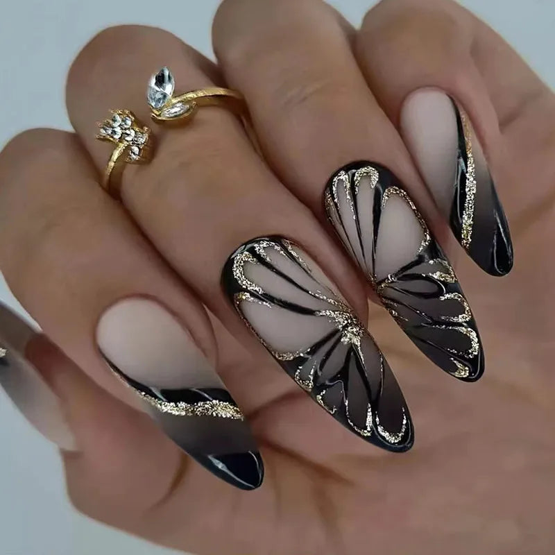 Aovica 24Pcs Almond False Nails with Glue Wearable Stiletto Fake Nail Butterfly Design French Press on Nail Tips Full Cover Fingernails