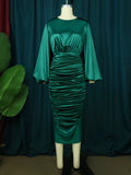 AOVICA-Long Sleeve Green Dresses Bodycon Elastic Satin Midi Dress Elegant plus Size Shiny Evening Christmas Party Church Outfits