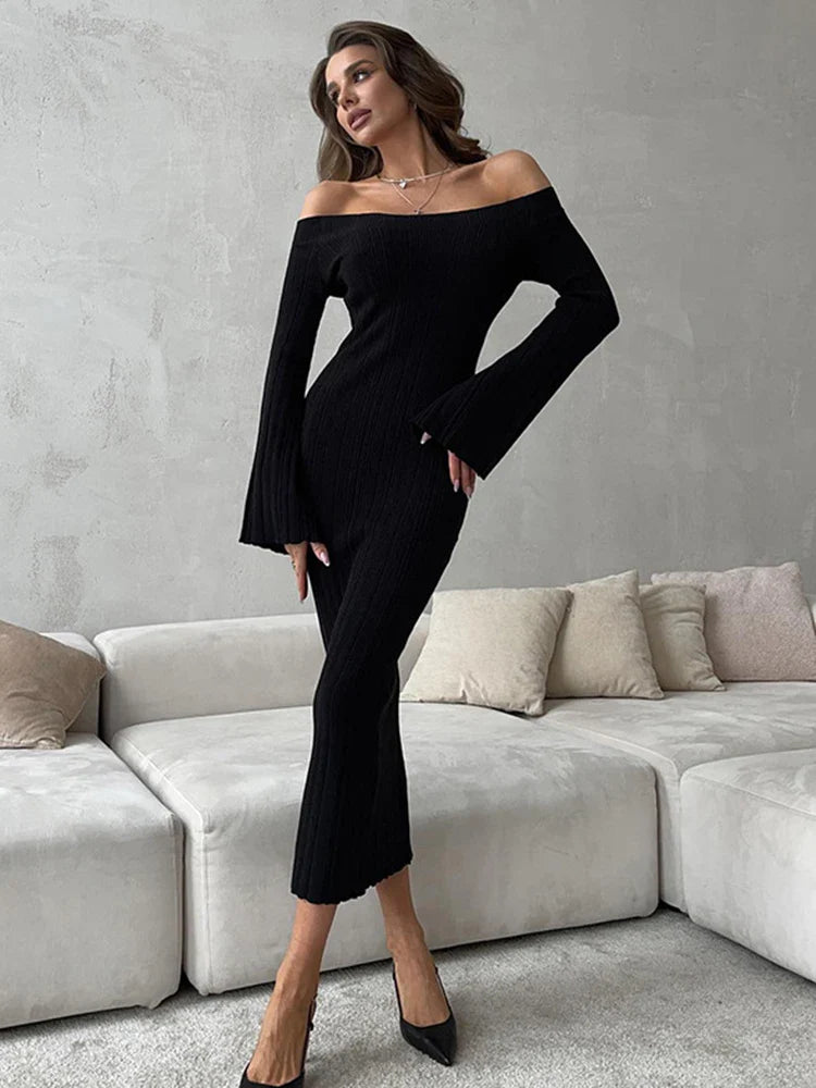 Aovica Knit Long Sleeve Slim Dress For Women Elegant One-Shoulder Sexy Long Gown Dresses Solid Rib Sweater Dress Autumn Winter