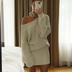 Aovica Autumn Fashion Knitted Top And Skirt Set Women's Backless Double Collar Sweater High Waist Folds Mini Skirt Matching Set