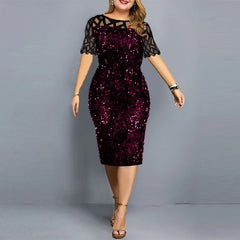 AOVICA-plus size Sequined women clothing 2024 fashion splicing midi dress crew neck short sleeve High waist Skinny Elegant dresses