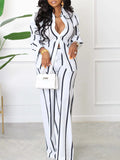 AOVICA Striped Wide Leg Pants Set Workout 2pcs Outfits Long Sleeve Lapel Neck Button T-shirt&Loose Fit Trousers OL Fall Clothing