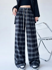 Aovica  Autumn New Retro Plaid Pants American Loose Casual Wide Leg Trousers Women's Lazy Slimming  Floor Checkered  Pants