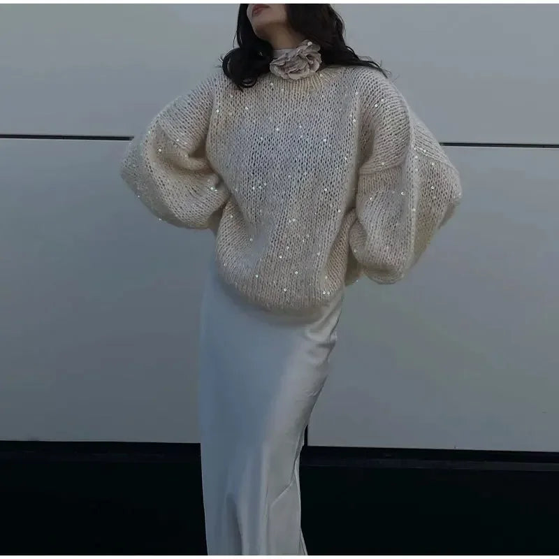 Aovica Fashion Sequined Mohair Sweater Women's New Loose O-neck Lantern Long Sleeve Glitter Knitted Pullover Sweater Streetwear