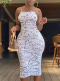 AOVICA Vintage Dress Letter Print Ruched White Mid Calf Casual Dresses One Piece Overalls For Women Sleeveless Bodycon Vestidos