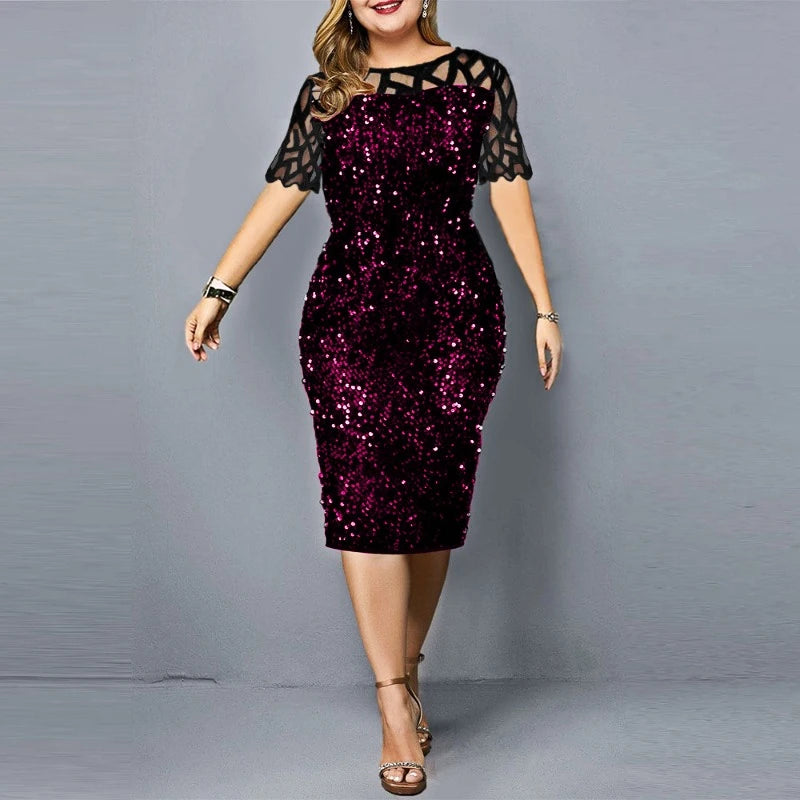 AOVICA-plus size Sequined women clothing 2024 fashion splicing midi dress crew neck short sleeve High waist Skinny Elegant dresses