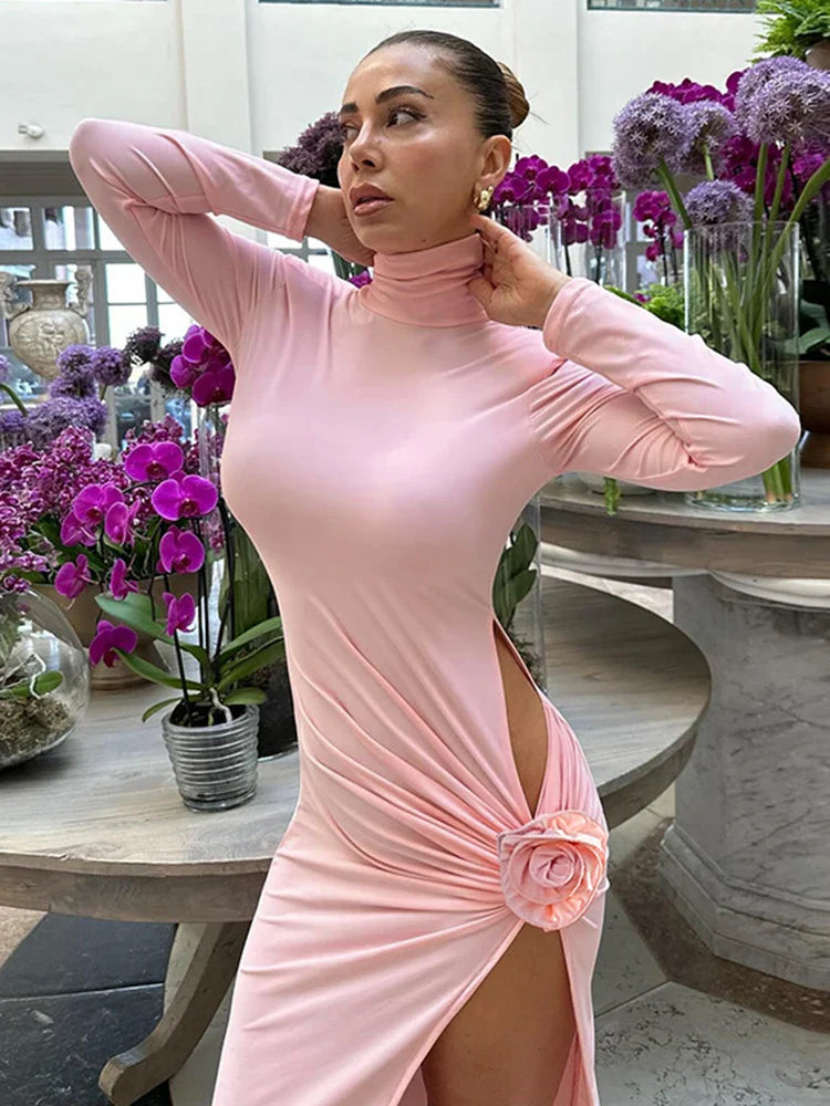 Aovica Turtleneck Ruched Flower High Split Long Dress Female Hollow Sexy Bodycon Long Sleeve Maxi Evening Dress Women's Elegant